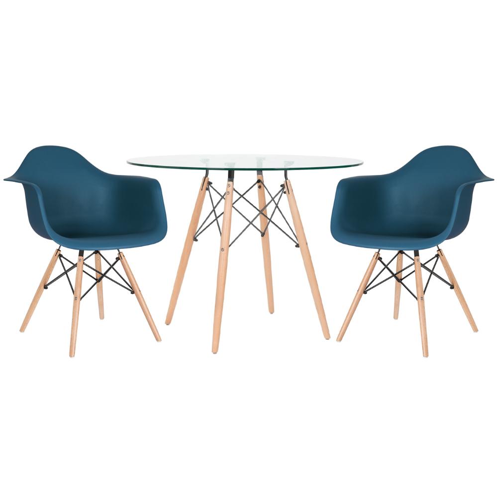 Mesa Redonda Eames Com Tampo De Vidro 100 Cm + 2 Cadeiras Eiffel Daw Azul Petróleo