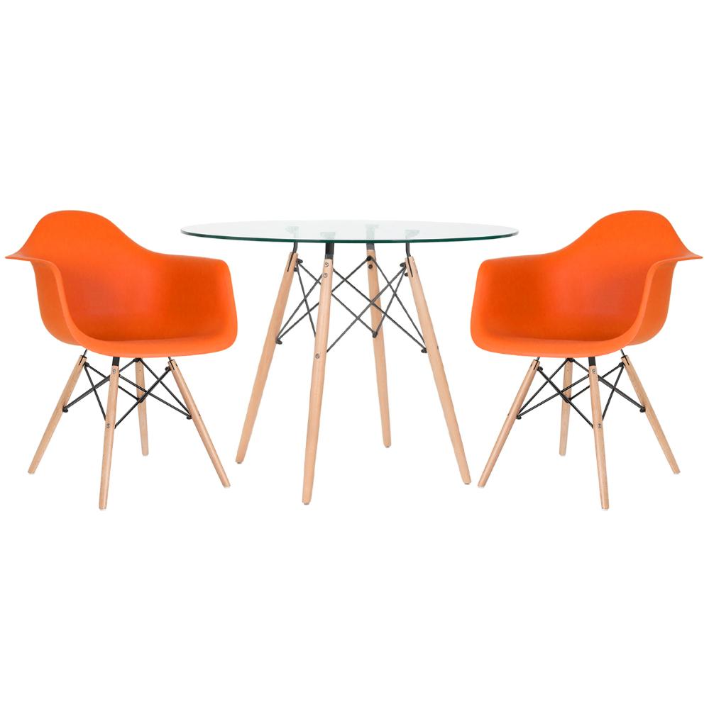 Mesa Redonda Eames Com Tampo De Vidro 100 Cm + 2 Cadeiras Eiffel Daw Laranja