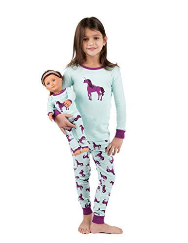 Leveret Kids &amp; Toddler Pijamas Combinando Boneca &amp; Meninas Pijamas 100% Algodão Natal Pjs Set (unicórnio, Tamanho 4 Criança)