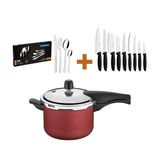 Kit - Panela de Pressão 4,5L Vermelha + 1 Conjunto Facas 9pç + 1 Faqueiro Inox 24pç - Tramontina