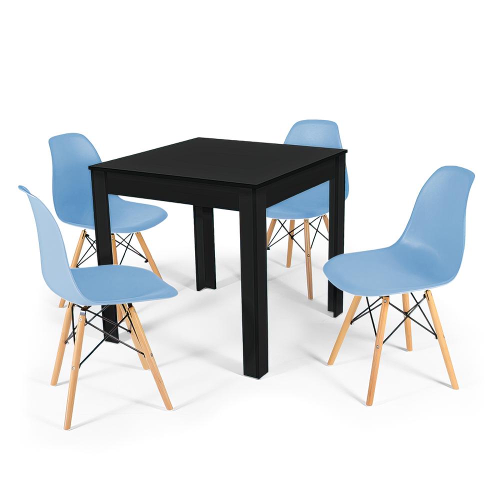 Conjunto Mesa De Jantar Quadrada Sofia Preta 80x80cm Com 4 Cadeiras Eames Eiffel - Azul Claro