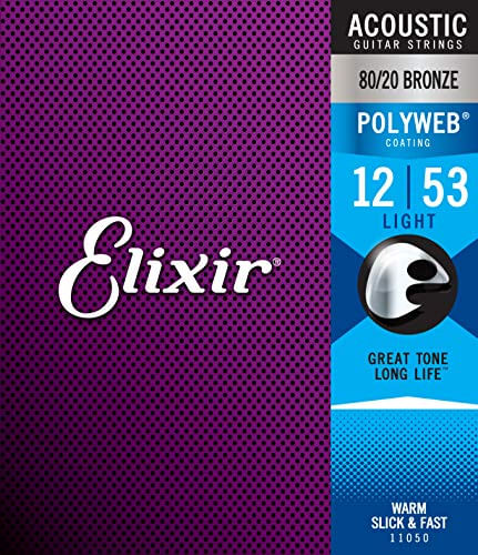 Cordas Elixir 80/20 Cordas De Guitarra Acústica De Bronze W Revestimento Polyweb, Luz (0,012-.053)