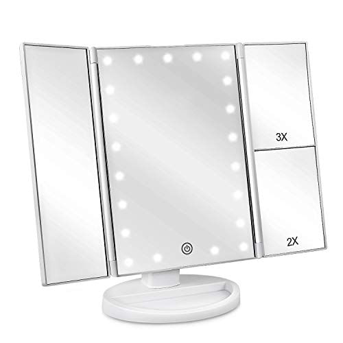 Deweisn Tri-fold Iluminado Vanity Mirror Com 21 Luzes Led, Tela De Toque E Ampliação 3x/2x/1x, Dois Modos De Alimentação Compõem Espelh