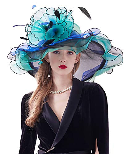 Z&amp;x Womne&#39;s Dual-use Organza Church Kentucky Derby Hat Bow Fascinator Clip Wide Brim Ruffles Wedding Hat Blue Green, 03a- Verde E Preto, On