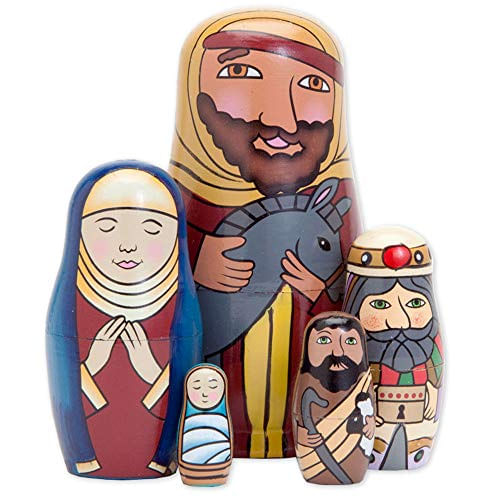 Bits And Pieces - 5pc Nesting Doll Holy Family -the Presivity Family Painted Hand Made Wooden Nesting Dolls Matryoshka Presivity Figurines -