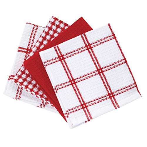 T-fal Têxteis Algodão Flat Waffle Dish Cloth, Altamente Absorvente, Máquina Lavável, 12 X 13, Vermelho, 4-pack