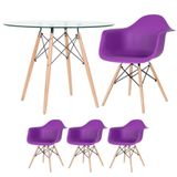 Mesa Redonda Tampo De Vidro 100 Cm + 3 Cadeiras Roxo