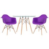 Mesa Redonda Tampo De Vidro 100 Cm + 2 Cadeiras Roxo