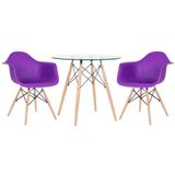 Mesa Redonda Tampo De Vidro 80 Cm + 2 Cadeiras Roxo