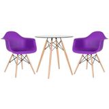Mesa Redonda Tampo De Vidro 70 Cm + 2 Cadeiras Roxo