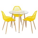 Mesa Redonda Tampo De Vidro 80 Cm + 3 Cadeiras Amarelo Amarelo