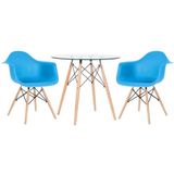 Mesa Redonda Tampo De Vidro 80 Cm + 2 Cadeiras Azul Céu