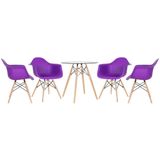 Mesa Redonda Tampo De Vidro 70 Cm + 4 Cadeiras Roxo