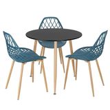 Mesa Redonda 80 Cm Preto + 3 Cadeiras Azul Petróleo