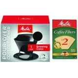 Melitta Pour Over Coffee Cone Brewer &amp, #2 Filter Natural Brown Combo Set, Preto