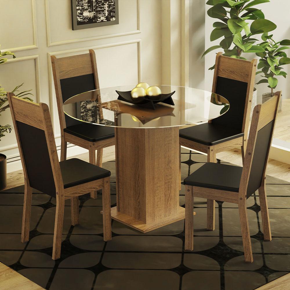 CONJUNTO MESA 4 CADEIRAS FORMATO CROMADA 1,20X0,80 COM VIDRO PRETO E CORINO  PRETO - ATACADÃO DOS ELETROS