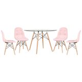 Mesa Eames Com Tampo De Vidro 120 Cm + 4 Cadeiras Estofadas Eiffel Botonê Rosa Claro