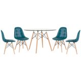 Mesa Eames Com Tampo De Vidro 120 Cm + 4 Cadeiras Estofadas Eiffel Botonê Turquesa