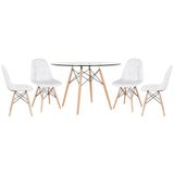 Mesa Eames Com Tampo De Vidro 120 Cm + 4 Cadeiras Estofadas Eiffel Botonê Branco