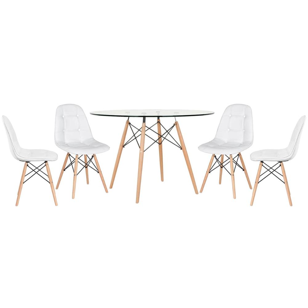 Mesa Eames Com Tampo De Vidro 120 Cm + 4 Cadeiras Estofadas Eiffel Botonê Branco