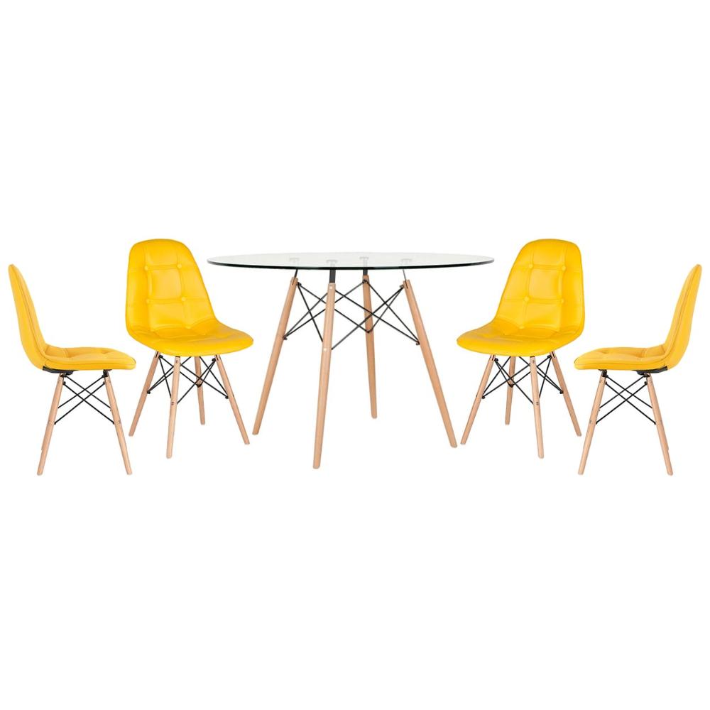 Mesa Eames Com Tampo De Vidro 120 Cm + 4 Cadeiras Estofadas Eiffel Botonê Amarelo