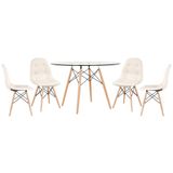 Mesa Eames Com Tampo De Vidro 120 Cm + 4 Cadeiras Estofadas Eiffel Botonê Creme