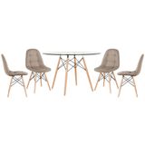 Mesa Eames Com Tampo De Vidro 120 Cm + 4 Cadeiras Estofadas Eiffel Botonê Nude