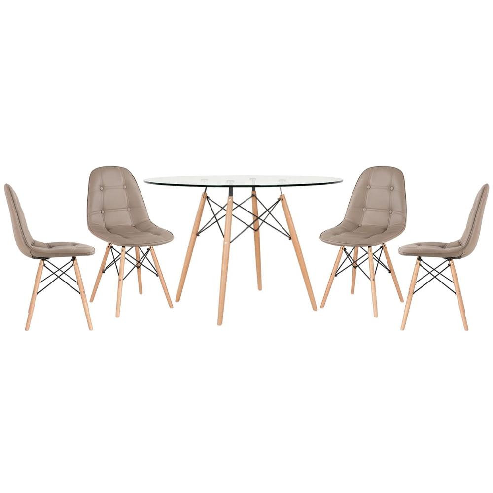 Mesa Eames Com Tampo De Vidro 120 Cm + 4 Cadeiras Estofadas Eiffel Botonê Nude