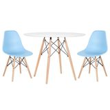 Mesa Redonda Eames 100cm Branco + 2 Cadeiras Azul Claro