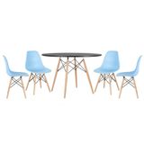 Mesa Redonda Eames 120cm Preto + 4 Cadeiras Azul Claro