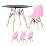 Mesa Redonda Eames 100cm Preto + 3 Cadeiras Rosa Claro