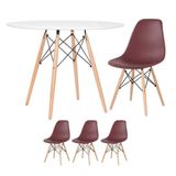 Mesa Redonda Eames 100cm Branco + 3 Cadeiras Marrom