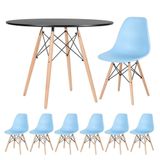 Mesa Redonda Eames 100cm Preto + 6 Cadeiras Azul Claro