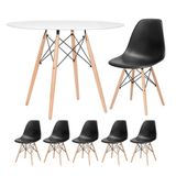 Mesa Redonda Eames 100cm Branco + 5 Cadeiras Preto
