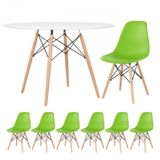 Mesa Redonda Eames 120cm Branco + 6 Cadeiras Verde Claro