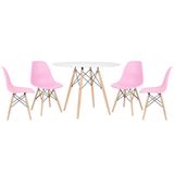Mesa Redonda Eames 100cm Branco + 4 Cadeiras Rosa Claro