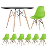 Mesa Redonda Eames 120cm Preto + 6 Cadeiras Verde Claro