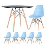 Mesa Redonda Eames 100cm Preto + 5 Cadeiras Azul Claro