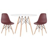 Mesa Redonda Eames 100cm Branco + 2 Cadeiras Marrom