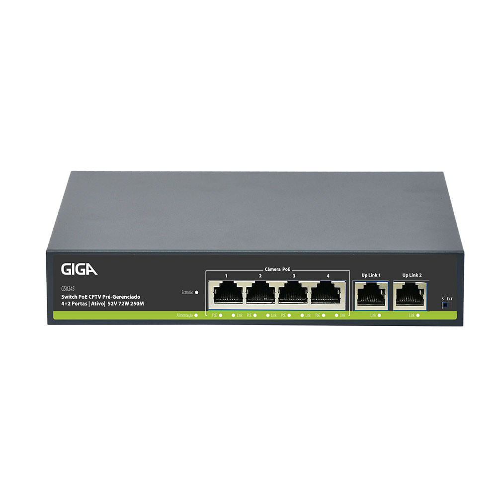 Switch Cftv Ativo 78w 52vdc 250m 4 Poe / 2 Uplink Giga - Gs0245