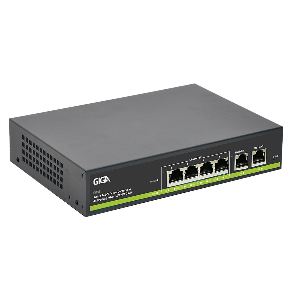 Switch Cftv Ativo 78w 52vdc 250m 4 Poe / 2 Uplink Giga - Gs0245