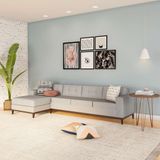 Sofá 4 Lugares Happy com Chaise Esquerdo Pés e Base em Madeira Linho Cotton Cru