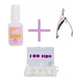 Kit Cola Unhas Postiças Alicate 100 Unhas Tips Acrigel Gel