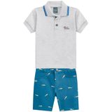 Conjunto Masculino Polo E Bermuda Sarja Estampada Tubarão Mundi