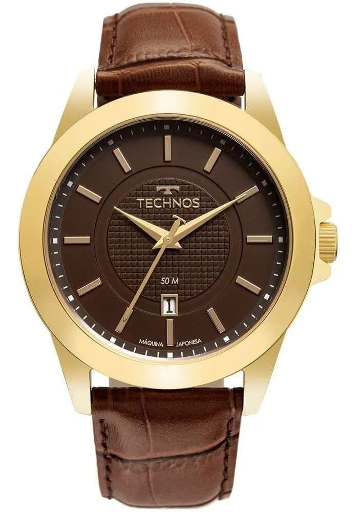 Relógio De Pulso Masculino Technos Dourado Pulseira De Couro Executivo Com Calendário 2115mya/0m