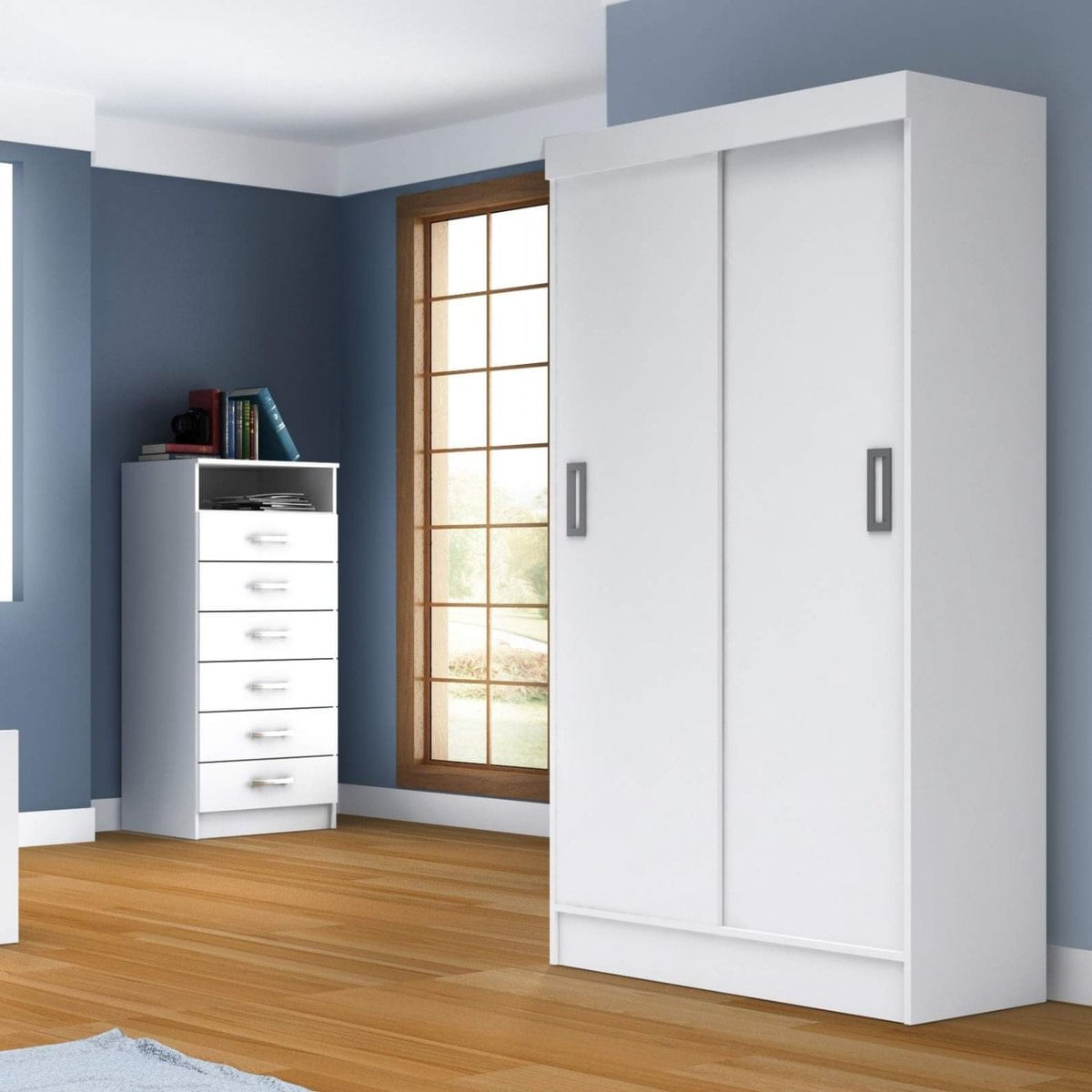 MP11076630_Quarto-Solteiro-com-Guarda-Roupa-2-Portas-e-Comoda-6-gavetas-Evidencia-Moveis-Branco_1_Zoom