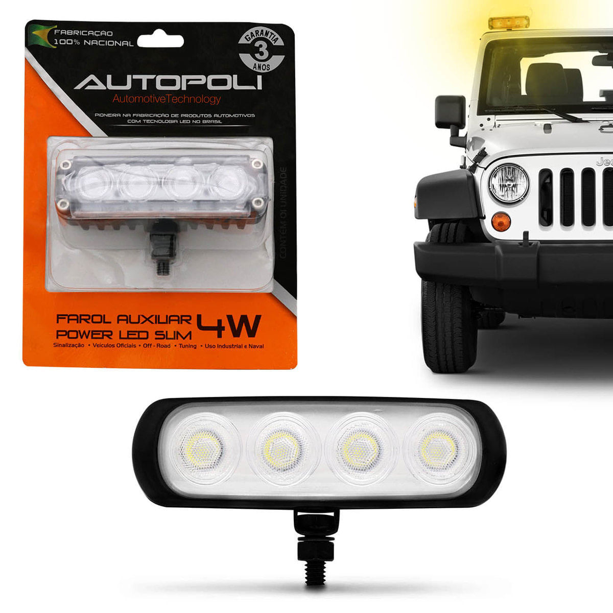 Farol de Milha Auxiliar Retangular Power LED Slim Universal 4 LEDs 12V 4W Strobo Âmbar Autopoli Menor preço em Farol de Milha Auxiliar Retangular Power LED Slim Universal 4 LEDs 12V 4W Strobo Âmbar Autopoli