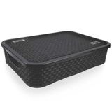 Caixa Organizadora Plástico Rattan 38cm Baixa Grande Preta