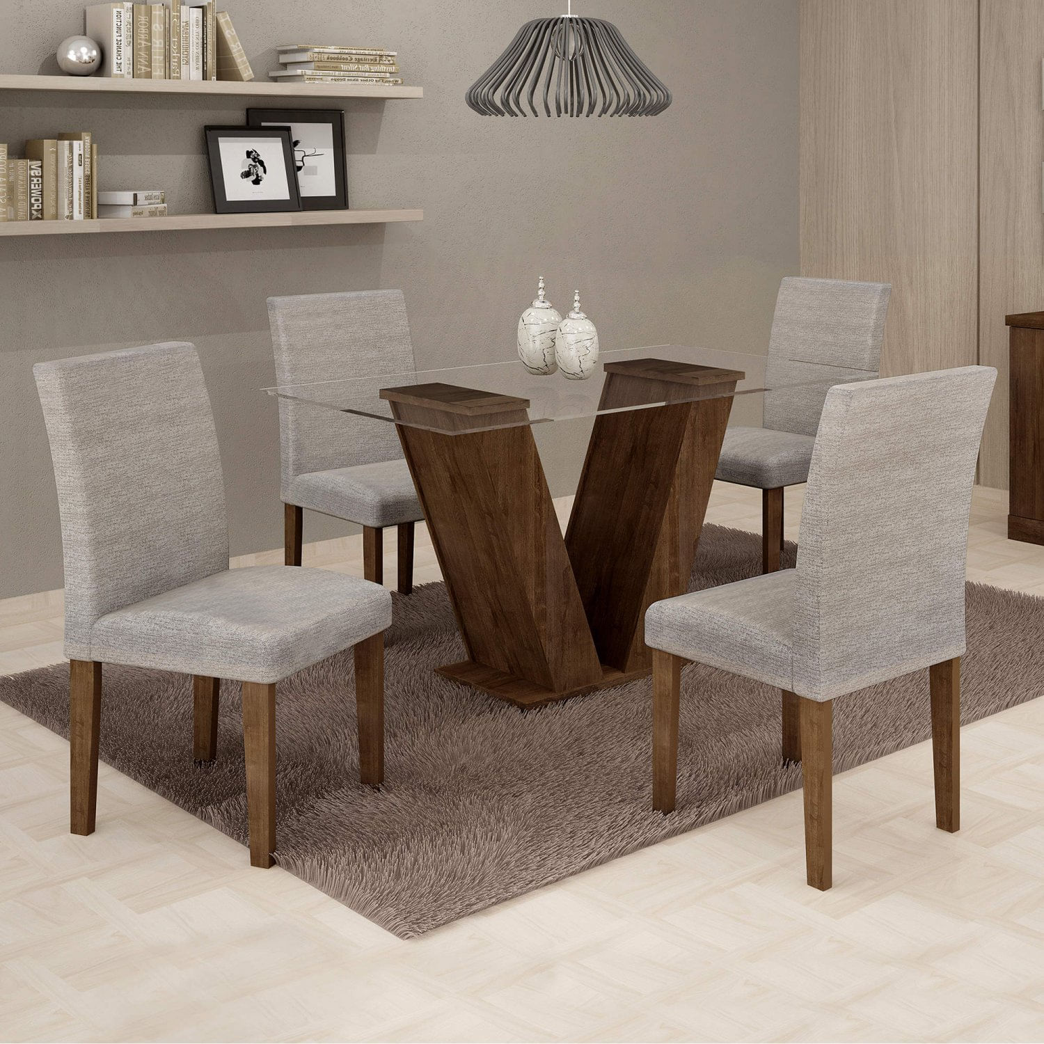 Conjunto Sala de Jantar Mesa Tampo de Vidro e 4 Cadeiras Classic Cel Móveis Chocolate/Suede Cinza 90