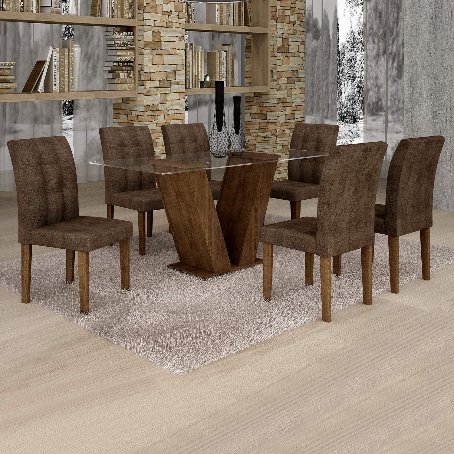 Conjunto Sala de Jantar Mesa Classic Tampo de Vidro 6 Cadeiras Vitória Cel Móveis Chocolate/Animale Marrom 52